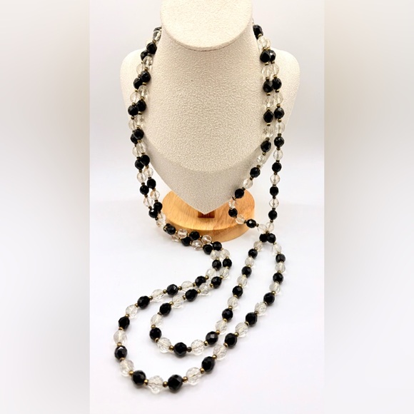 Jewelry - Vintage Long Gold Filled Faceted French Jet and Clear Crystal Beaded Necklace
